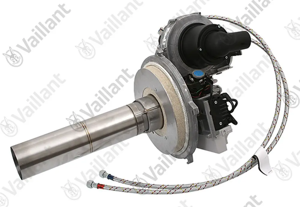 Vaillant Brenner mit Metallgehäuse, Rohrstruktur und elektrischen Anschlüssen. Sichtbare Leitungen und ein Ansaugstutzen. Ideal für Heizsysteme.